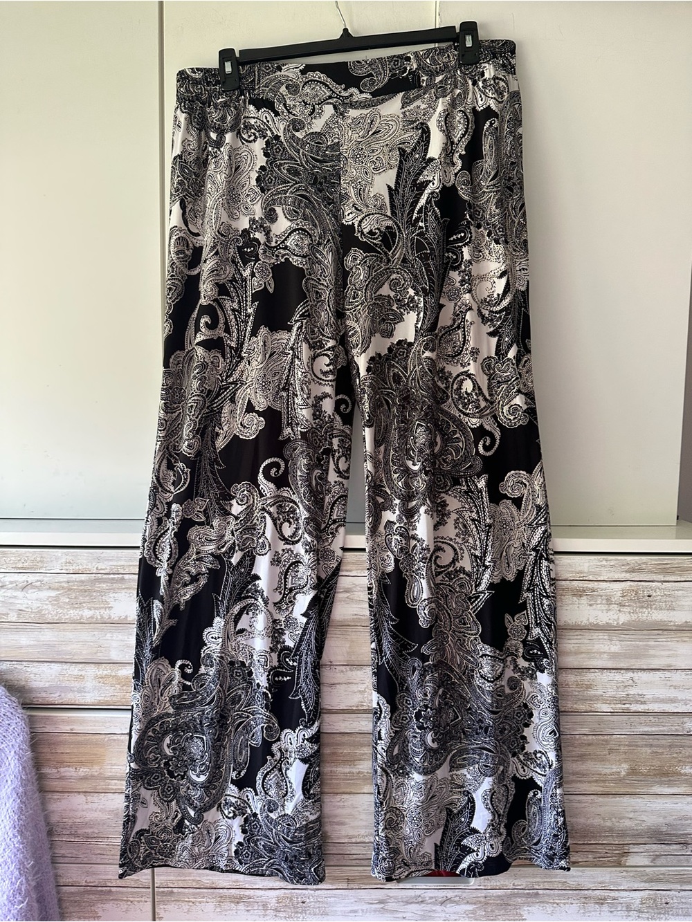 💫 IMAN Global Chic Paisley Wide Leg Pants 1X Long Black White Stretch